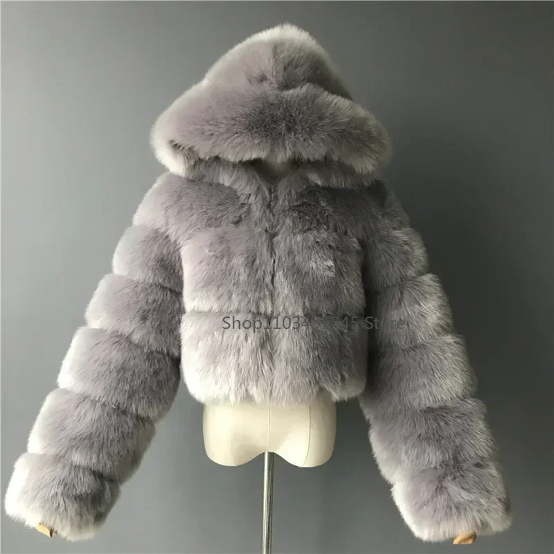 Autumn Furry Cropped Faux Fur Coats Jackets Women Fluffy Top Coat Hooded Straight Short Winter Fur Jacket Fashion Streetwear New