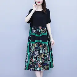 All-match Solid Color With Pockets Short Sleeve Fashion Summer Clothes for Women O-Neck Patchwork Printing Loose Straight Dress