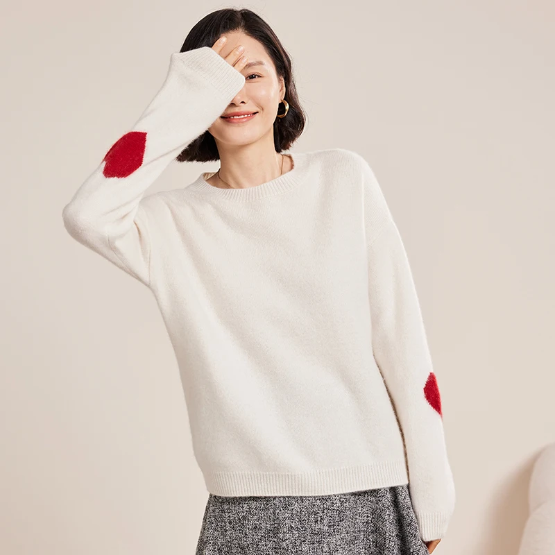 

Women's 100% Cashmere Sweater Casual Solid Color Knitted Pullover Thick Loose round Neck Shoulder Drop Heart Blouse Top
