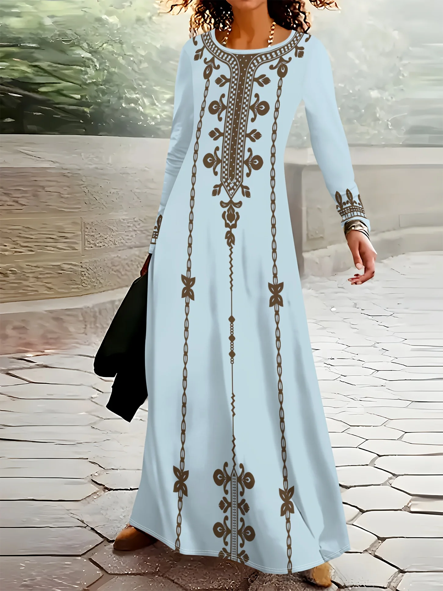 Printed Design Women's Blue Brown Ethnic Floral Print Long Sleeve Maxi Dress - view 5