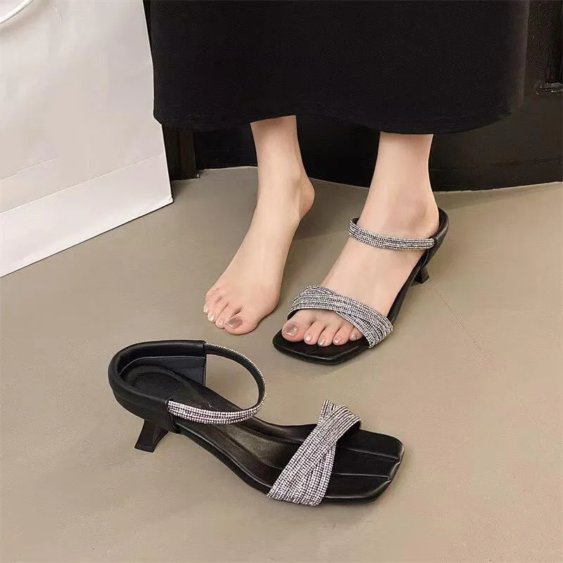 

550Mm Heeled Rhinestone Leather Soft Insole Sandals Women Crystal Slip On Mules High Heel Sparkling Square Toe Sexy Party Shoes