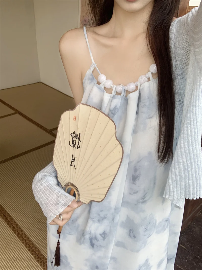 Summer Women's Halter Camis Pullover Tie Dye Pullover Gauze Beaded Gradient Sleeveless Casual Elegant Loose Vintage Ankle Dress