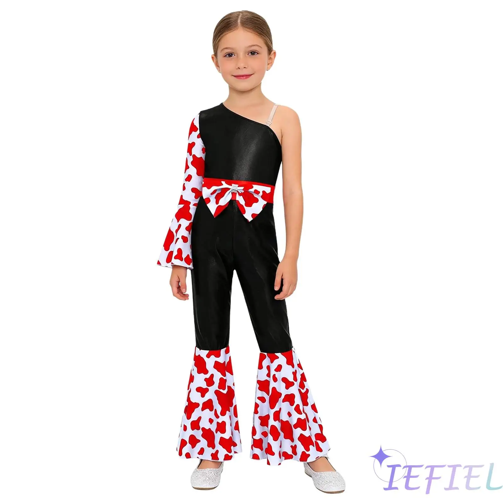

Kids Girls Western Cowgirl Dress Up Jumpsuit Right Metallic Gloss Patchwork Long Bell Sleeve Waist Bow Decor Long Flare Pants