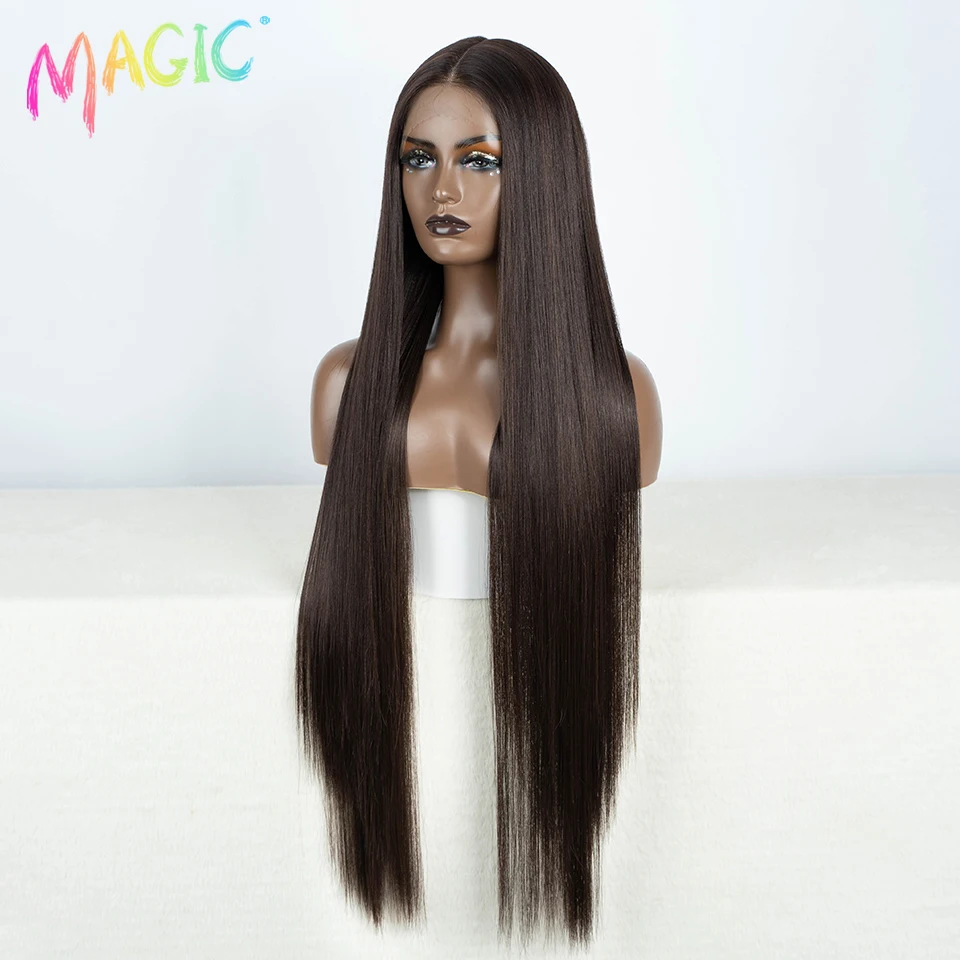 Magic Straight Synthetic Lace Front Wig For Women 38 Inch Long Ombre Brown Red Blonde Hightlight Lace Frontal Wigs Cosplay Wig