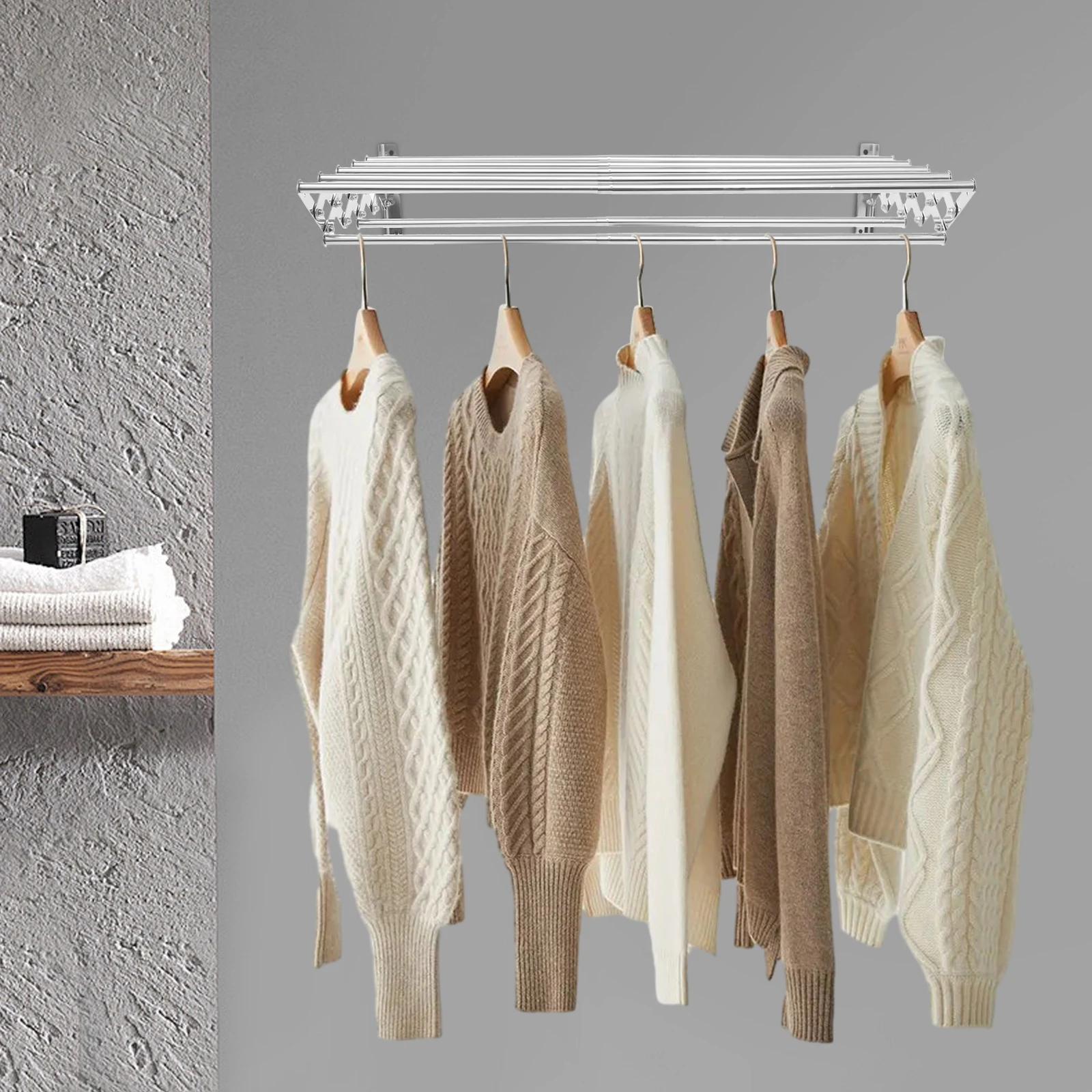 42-80cm Wandmontierter Ausziehbarer Wäscheständer mit 7 Stangen, 40kg Tragkraft, Kleiderständer für Balkon, Badezimmer, Waschküche – Detail 1