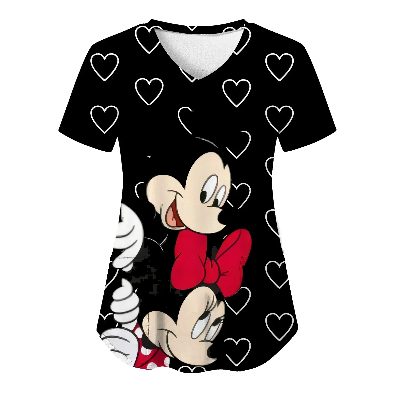 

Miniso T-shirt V Neck Top Women 2024 Disney Shirts Pocket Woman Clothes Hospital T-shirts Minnie Mouse Tops Mickey Nurse Uniform