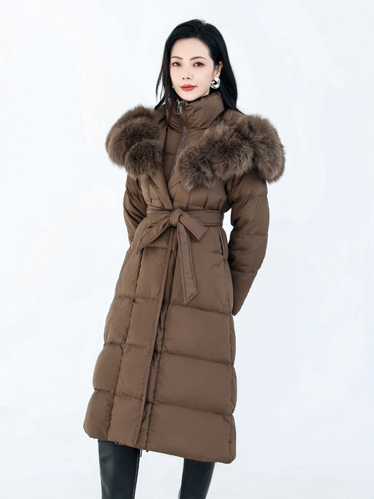 Luxuriöse Daunenjacke mit echtem Pelzkragen und Schärpen für Damen, 2026, Winter, warm, langer Gänsedaunenmantel mit Kapuze, schmal, warm, INKEO DJ 633