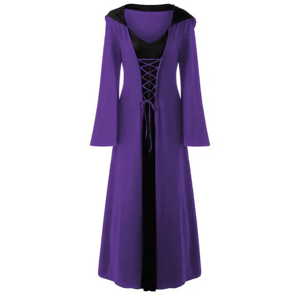 Vestido Medieval con capucha para mujer, bata Vintage con cordones, traje Retro para adultos, Cosplay de Halloween, Vestido largo de bruja terrorífica de vampiro