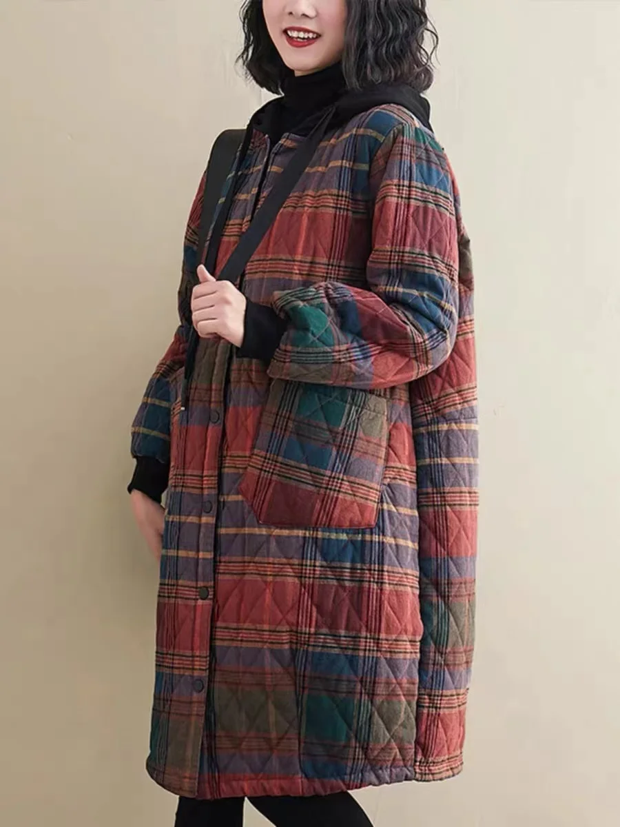 

Retro Floral Cotton Linen Jaet Women's Winter Lightweight Warm Cotton Coat Knee-Length Hooded Cotton Clothing