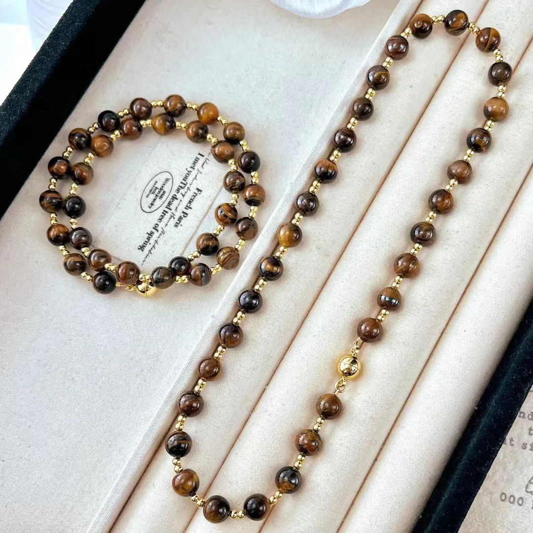 

New retro boutique 8mm Maillard style natural tiger's eye stone collarbone chain necklace