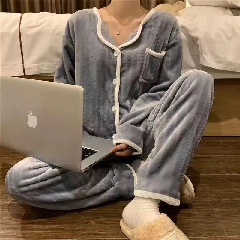 Winter Warm Flannel Women Pyjamas Set Comfortable Simple Cute Button Cardigan Loose Casual Printing 2 Pieces Home Suit Pajamas