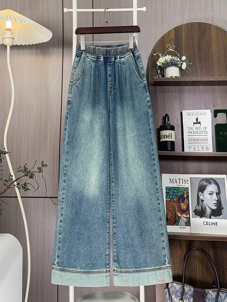 

Осень-зима, винтажные синие широкие джинсы с высокой талией, женские праздничные джинсовые брюки, офисные женские свободные брюки, уличная одежда