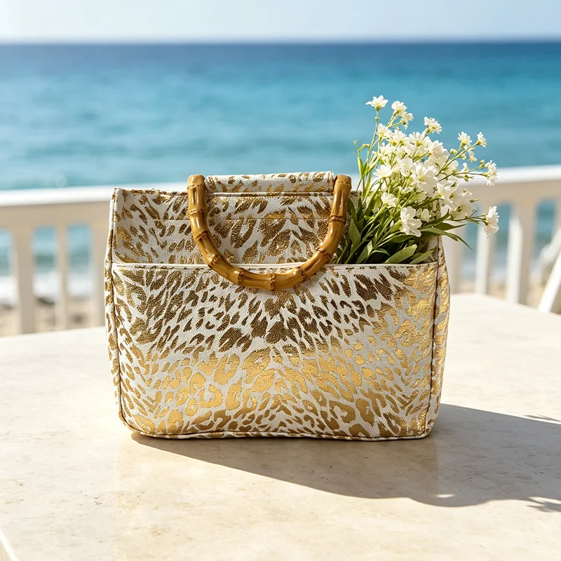 Retro Handtasche für Damen mit Leopardenmuster in Goldfolie und Bambusgriff, Handtasche mit goldenem Leopardenmuster – Detail 3