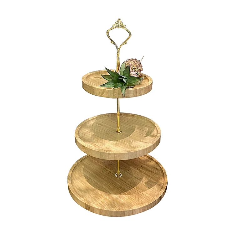 

Wholesale 3 Tier Vertical Gold Wedding Cake Snack Decor Display Serving Tray Metal Bamboo Cupcake Stand
