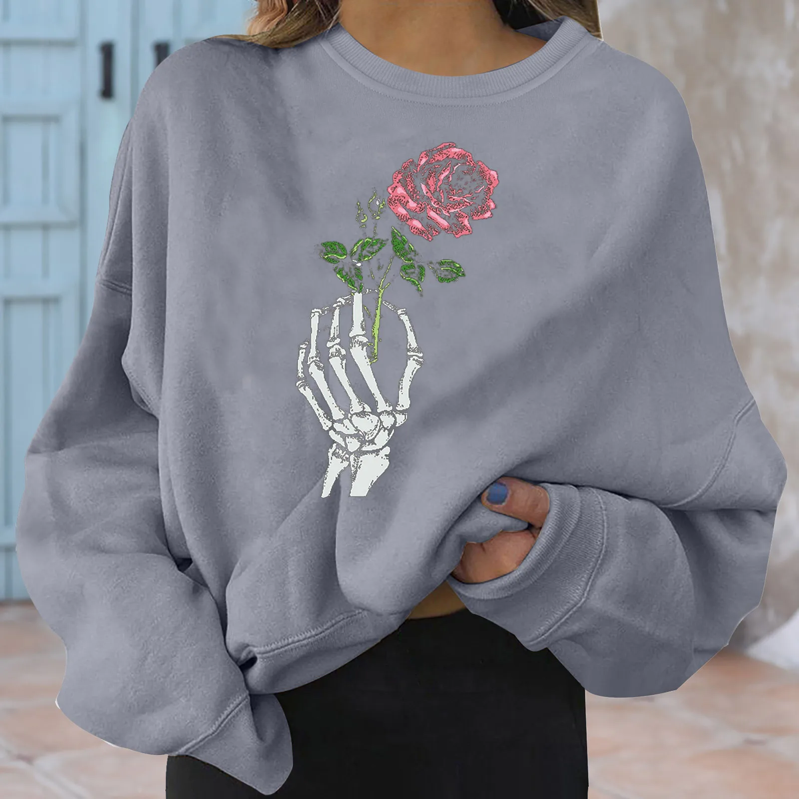 

Women's Sweatshirts Fashion Casual Tops Rose Graphic Print Hoodie Autumn Winter Round Neck Pullovers Clothing Harajuku Streetwar