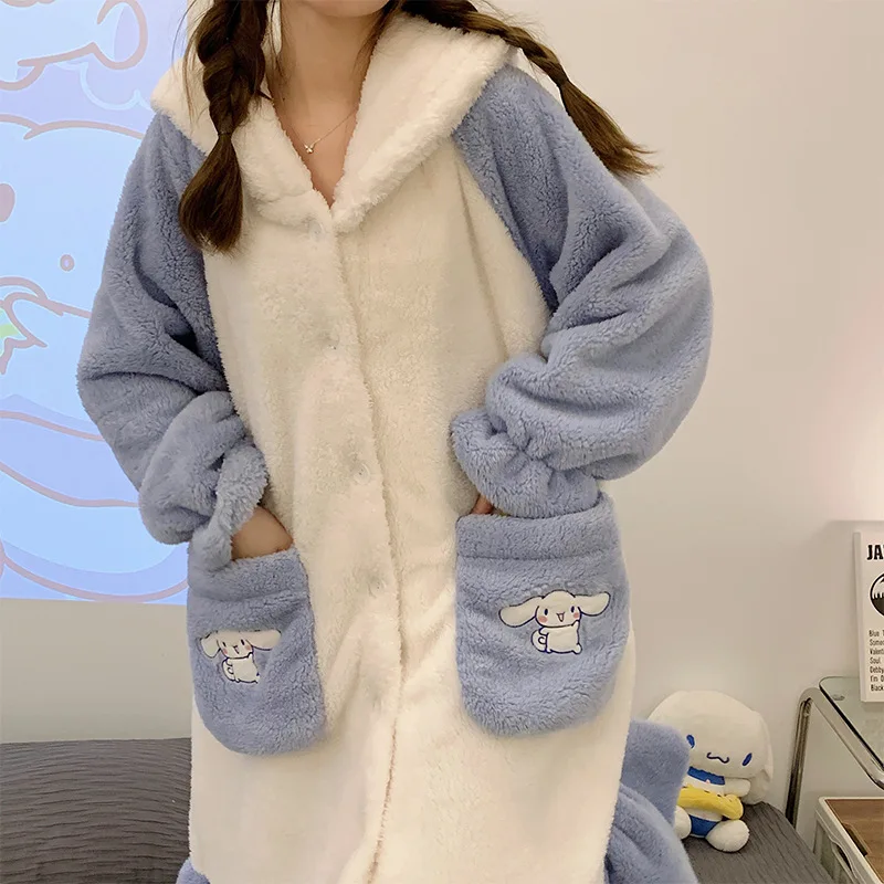 Sanrio Cinnamoroll Pajamas for Women Autumn and Winter Coral Velvet Thickened Plus Velvet Mid-length Nightgown Home Wear Set