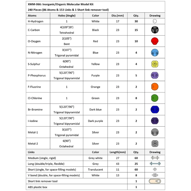 Imagem -06 - Kit Modelo Molecular para Aprendizagem Infantil Química Inorgânica e Orgânica Átomos Científicos Codificados por Cores 240 Pcs