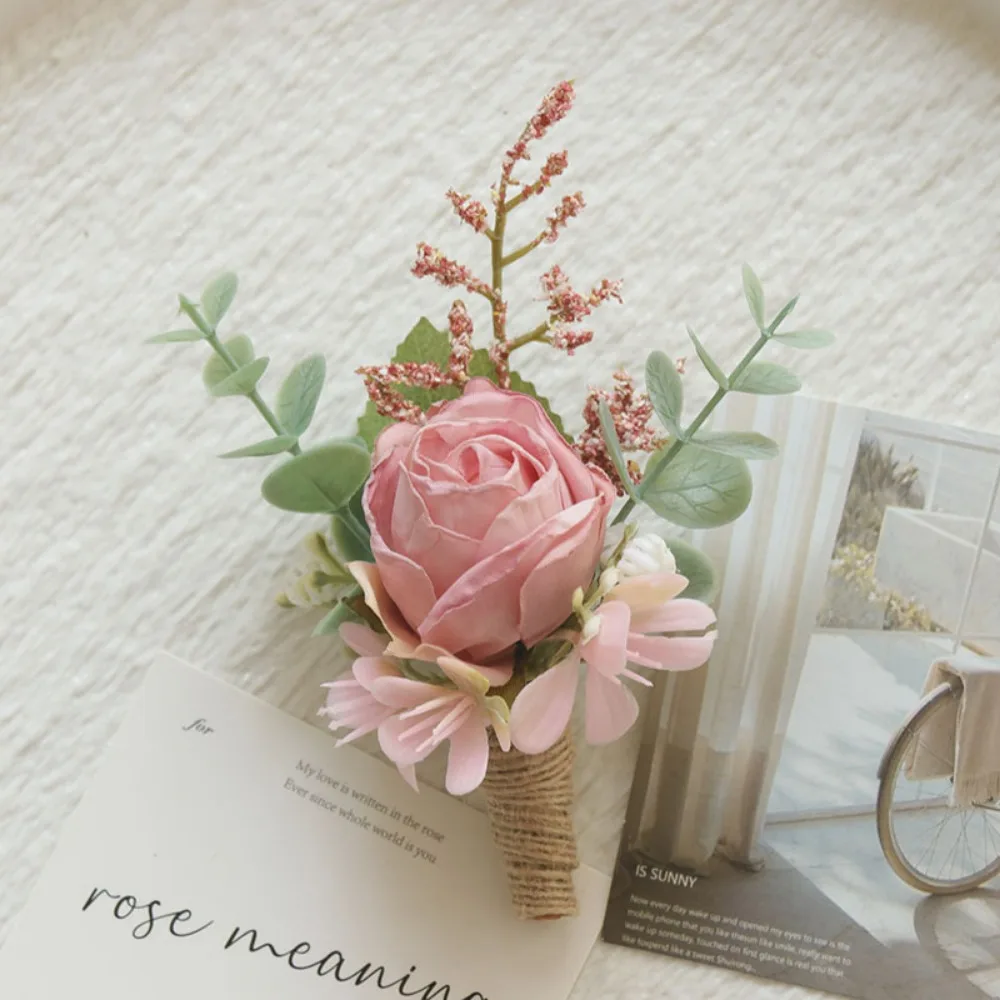 الزفاف الزهور الاصطناعية الحرير الوردي العروة الشريط المعصم الصدار Botonier الفقرة Novio Boda