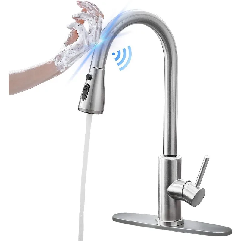 Nickel Touch Sensor Kitchen Faucet with Pull Down Sprayer, Single Handle High Arc Touch Activated Pull Out Kitchen