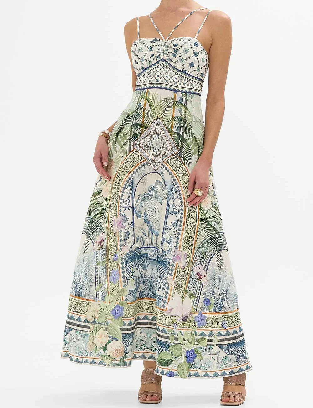 Damen-Kleid aus 100 % Seide, Retro-Blumendruck, Sling-Kleid, hohe Taille, ärmellos, Urlaub, lässig, Maxikleid