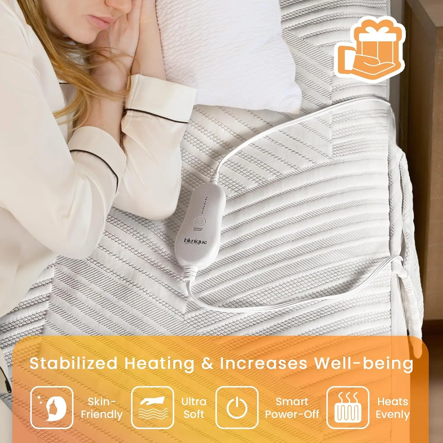 Queen Size Electric Heated Mattress Pad with Dual Control, Deep Pocket, Side Storage Pouch, Machine Washable Grey