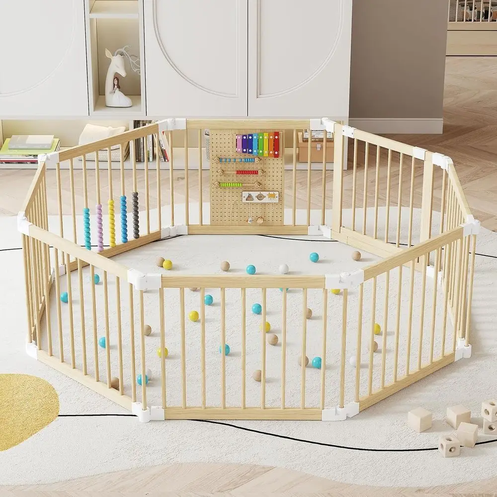 

Portable Wooden Toddler Playpen with Lockable Door, Adjustable and Large Play Yard (58x58x23.5Inch)