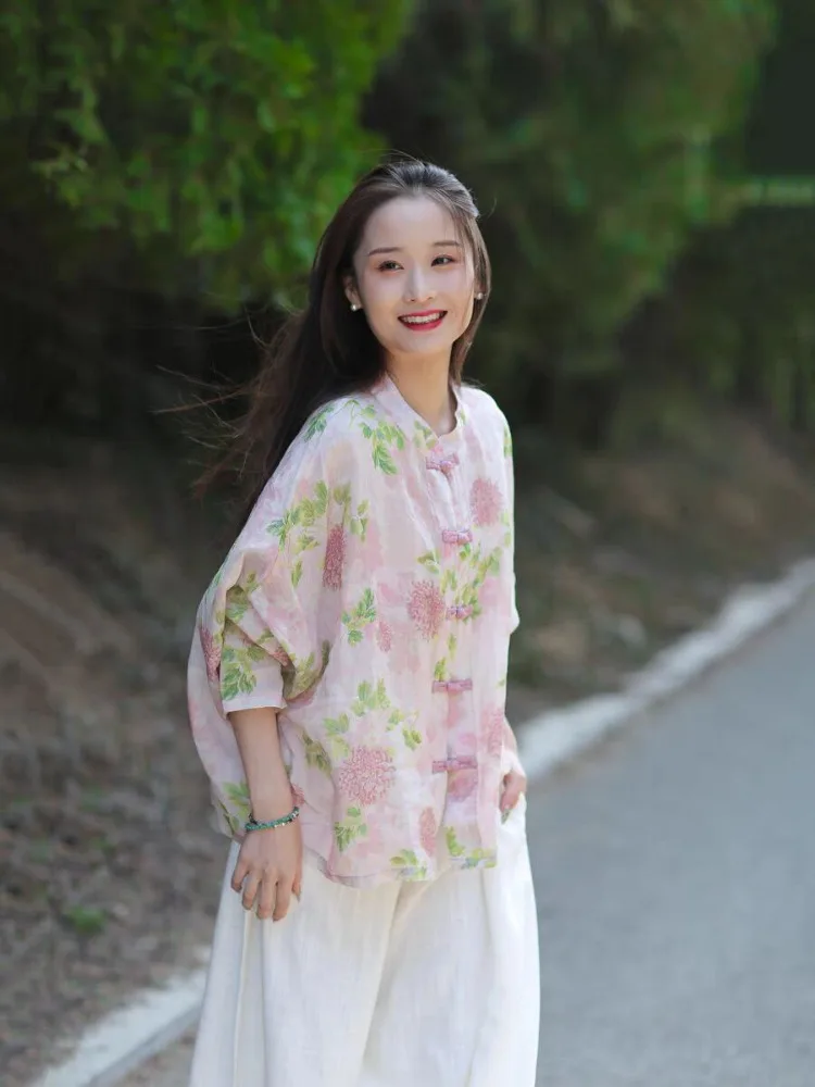 Original Design New Chinese Style National Style Shirt Loose Large Size Sunscreen Ramie Printed Shirt Tops Loose Elegant