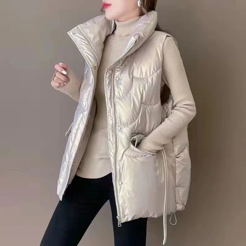 Gilet in cotone lucido con colletto rialzato donna autunno inverno cappotto senza maniche giacca soprabito imbottito imbottito caldo e spesso gilet