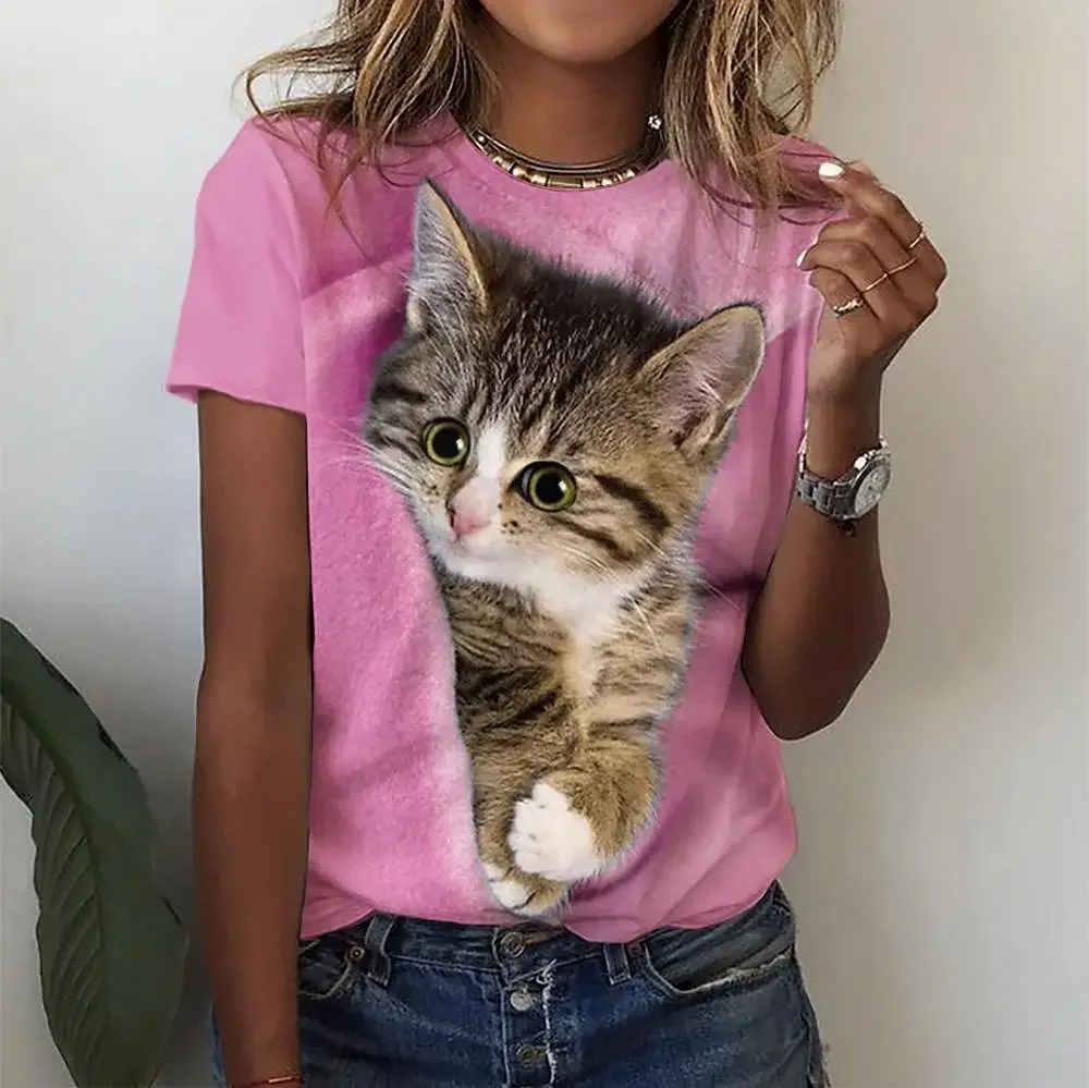 Camisetas con estampado de gato Kawaii en 3d para mujer, camisetas divertidas de moda, Top de manga corta para mujer Y2k, ropa femenina de gran tamaño, camisetas estéticas