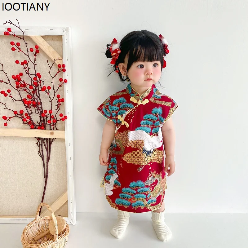 Summer Girls Chinese Style Dragon Fan Print Improved Cheongsam Hanfu Kids Preschool Campus Stage Showing Dress Up Daily Clothing