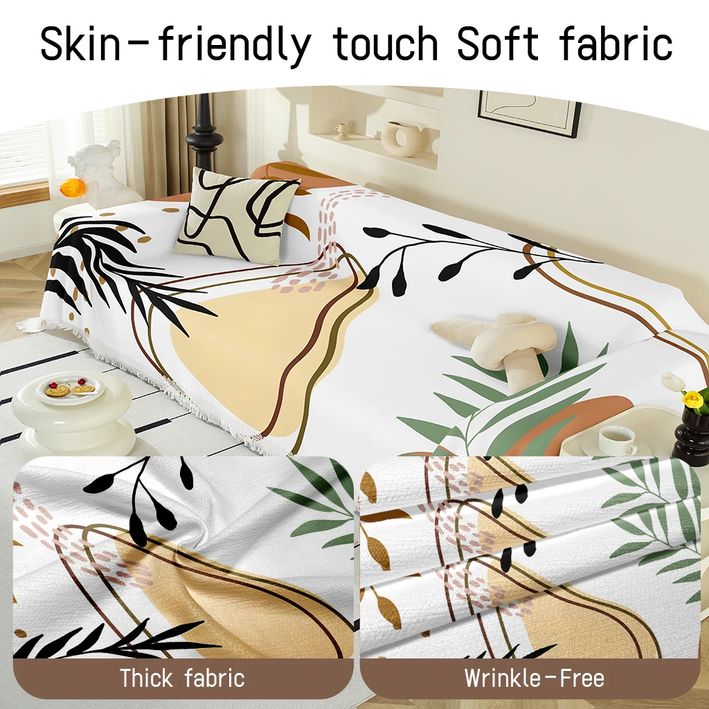 1pc Abstract Botanical Sofa Cover, Boho Leaf Couch Throw, Soft Washable Protector with Tassels