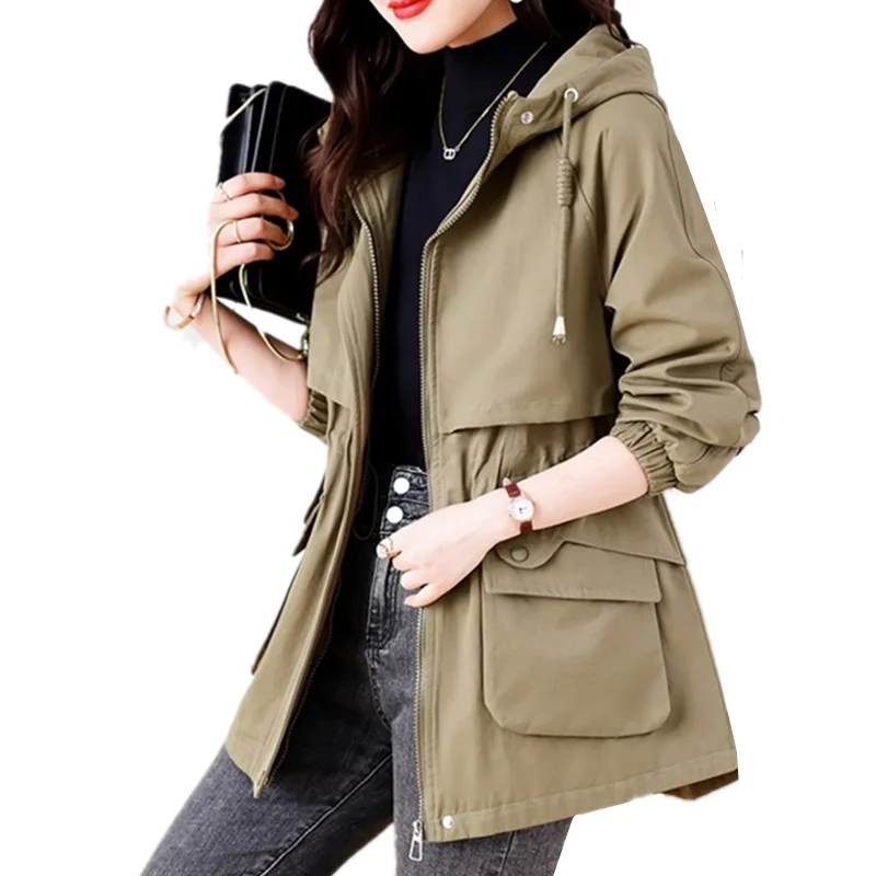 

Модный плащ с капюшоном, женский весенне-осенний плащ 2024, новинка средней длины с карманами, повседневная ветровка, одежда, женское тонкое пальто T845