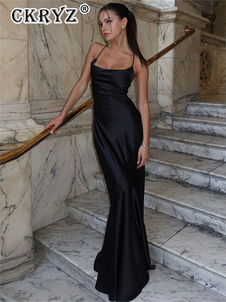 فستان ماكسي صيفي أنيق للحفلات للسيدات بدون أكمام وظهر مكشوف فساتين طويلة من الساتان موضة ملابس النادي ملابس الشارع الشهير للسيدات #1
