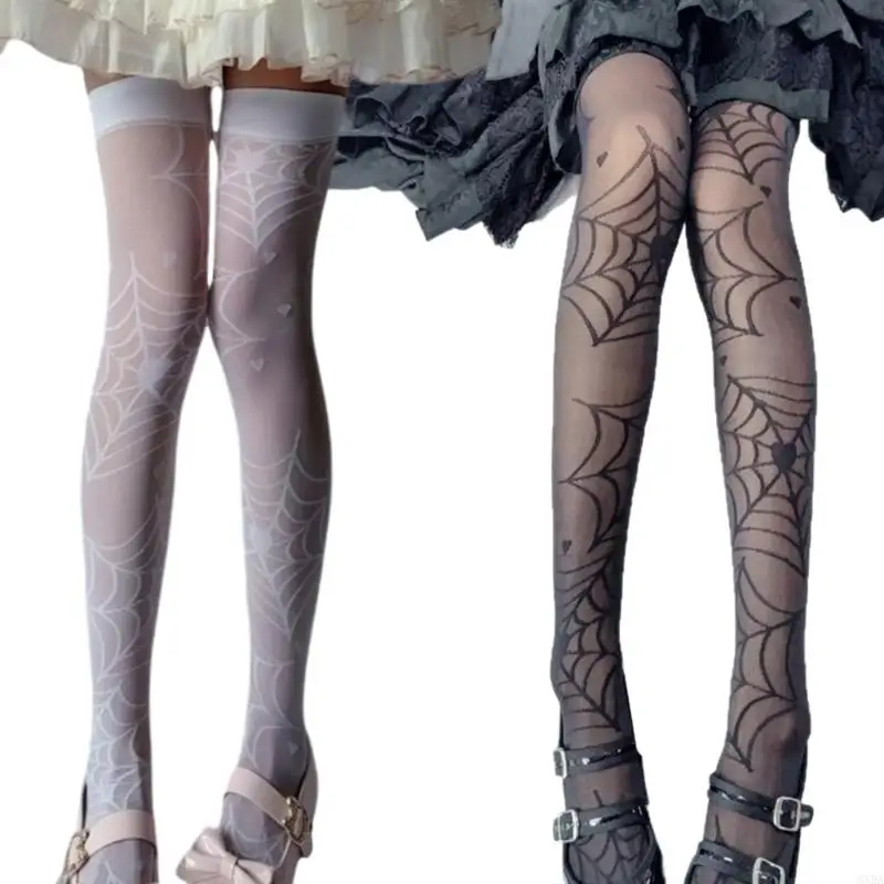

Womens Gothic Spiderweb Pattern Sheer Thigh High Stockings Breathable Party Wear 6XDA
