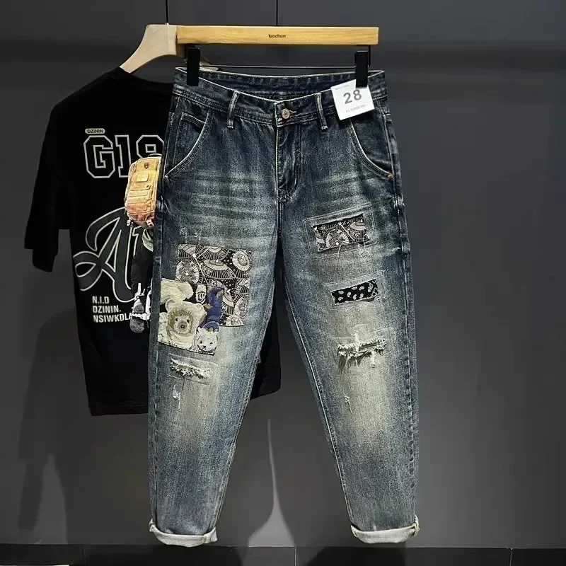 Trendy Brand European and American Street Jeans, Men's Ripped Patches, Color Blocking Patches, Retro Beggar Personality, Trendy