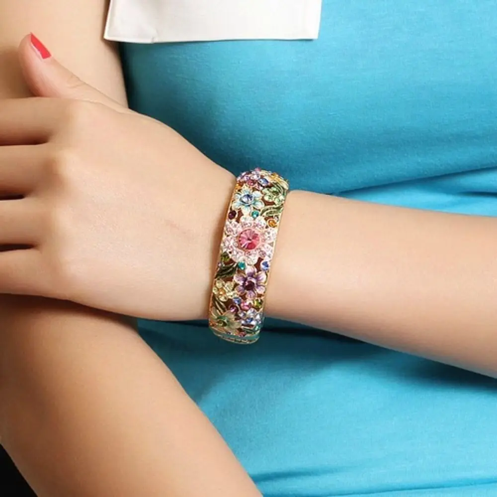 

Enamel Chinese Cloisonne Bracelet Rhinestone Ethnic Hollow Out Flower Bangle Traditional Vintage Women's Hand Bracelet Gifts