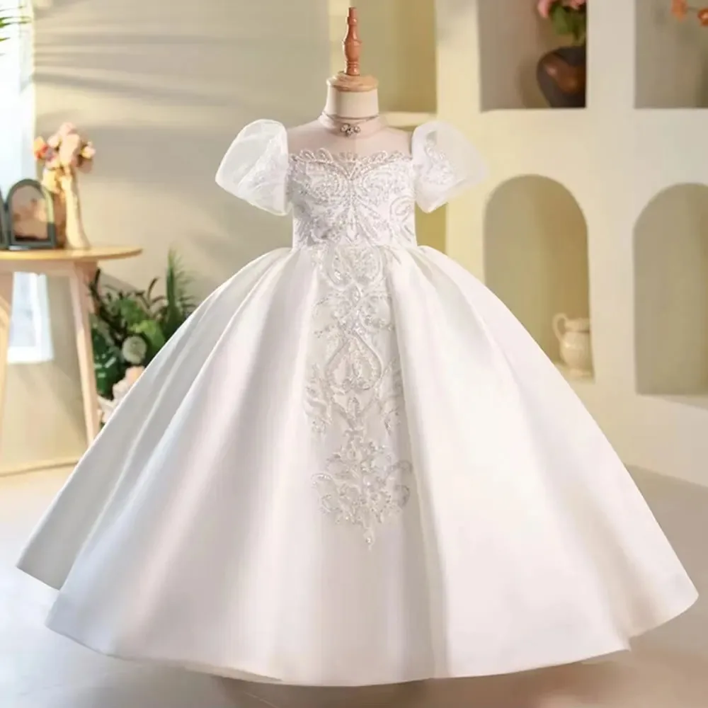 Custom Elegant White Flower Girl Dress, Beaded Satin, Arabic-Style Princess Design, Children's Birthday and Wedding Party Dress,