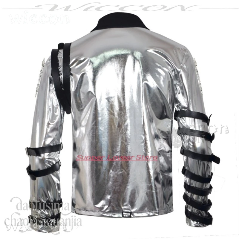 Halloween Cosplays Michael Jackson Silver Leather Coat – Punk Stage Costume + Long Wavy Wig, Halloween Prop view 6