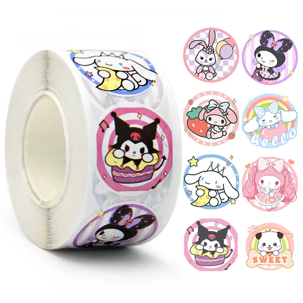 Pegatinas de sellado de Sanrio, calcomanías de PVC para ordenador portátil, decoración de Stiker, recompensa, regalo, juguetes, 500 piezas por rollo