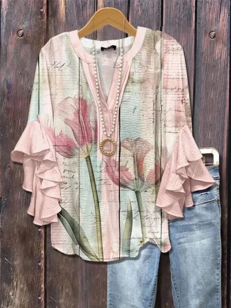 Holiday Floral Printed Versatile Top Office Lady Ruffle Semi Sheer Casual Blouses Woman Spring Fairy Long Sleeve Shirt Plus Size