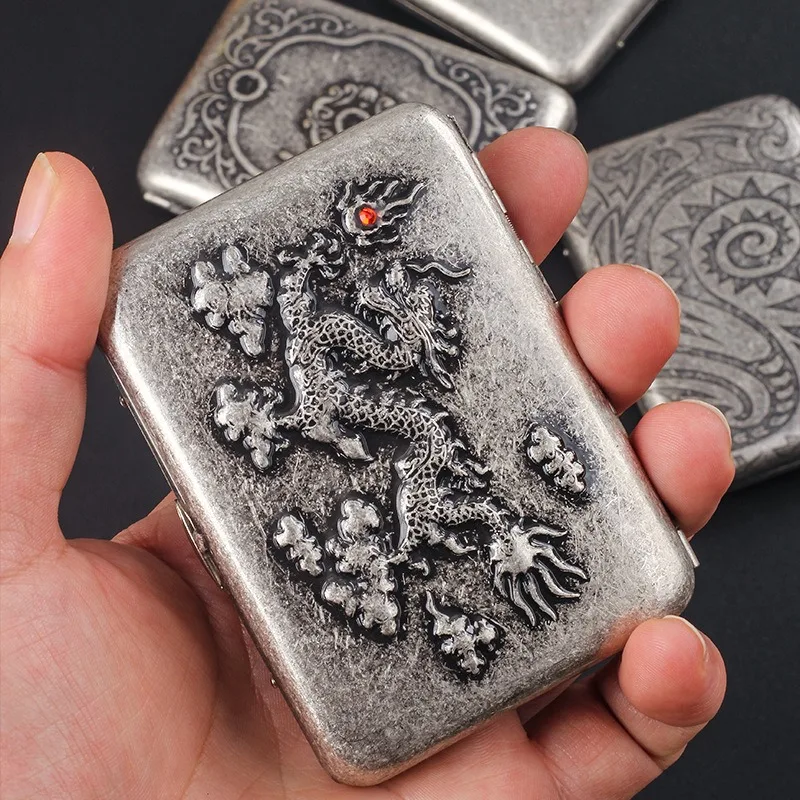 Metal Cigarette Case Box, Silver Color Double Sided King Cigarette Case Etched Design for Regular Size Cigarettes Women