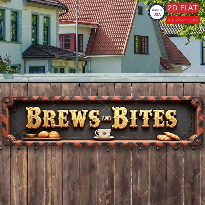 قطعة واحدة من لافتة معدنية، مقاس 4 × 16 بوصة "علامة "Brews and Bites" لديكور المقهى - فن معدني على الطراز العتيق"