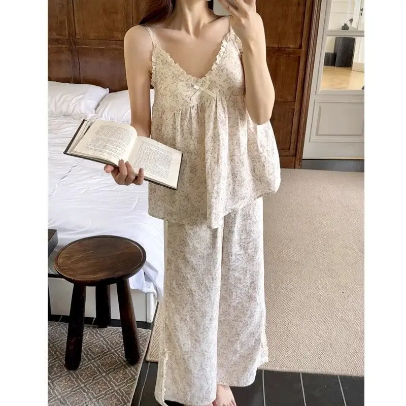 Sweet Floral Suspender Pajamas Women's Lace Edge Bow Trousers New 2026 Summer Outerwear Loungewear Set