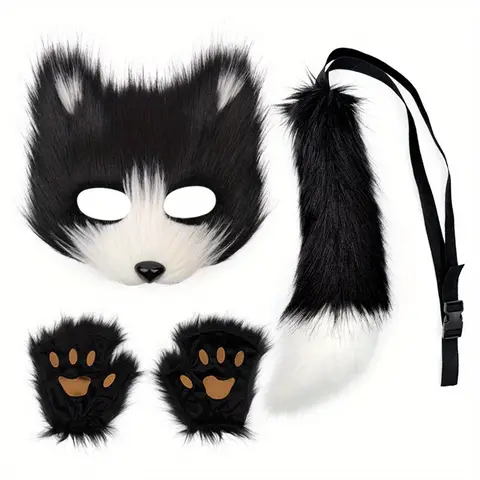Ensemble de costumes inspirés des animaux de carnaval d'Halloween : masque de chat et de renard à cheveux longs et moelleux + gants + queue – Parfait pour les fêtes à thème