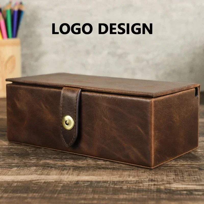 Customizable Logo Retro Cowhide 3 Slots Handmade Square Dustproof Watch Box Travel Portable Men Jewellery Watch Storage Case