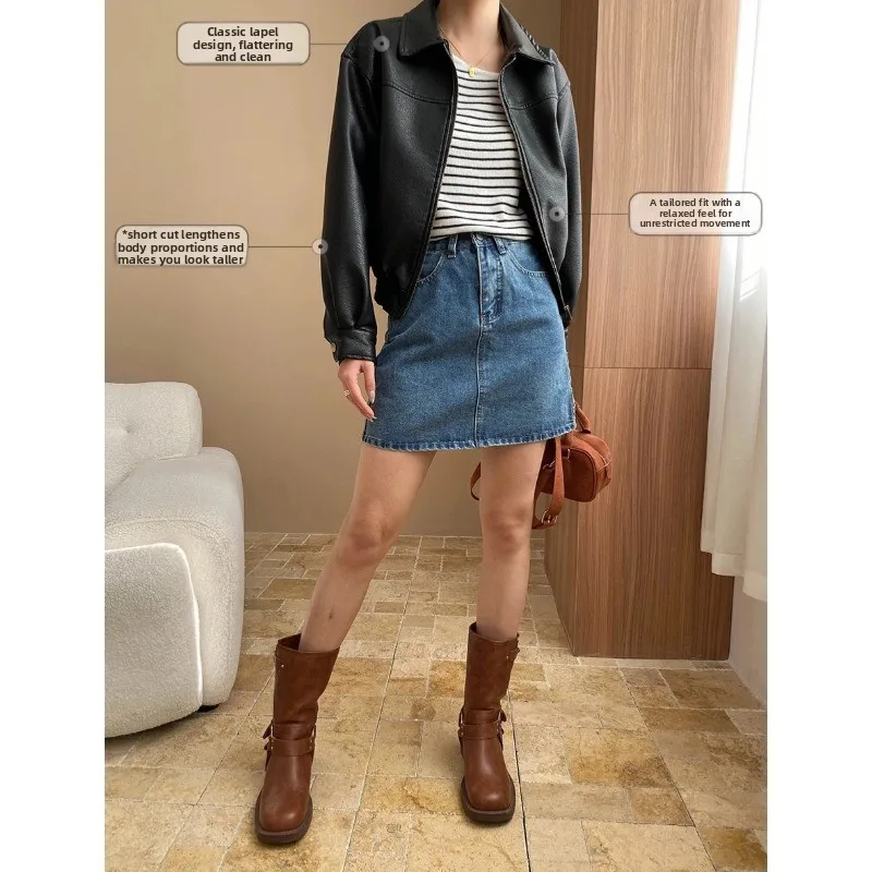 Portés américain Sle PU cuir Jaet début du printemps nouveauté petite taille manteau en cuir col rabattu Vintage SN748