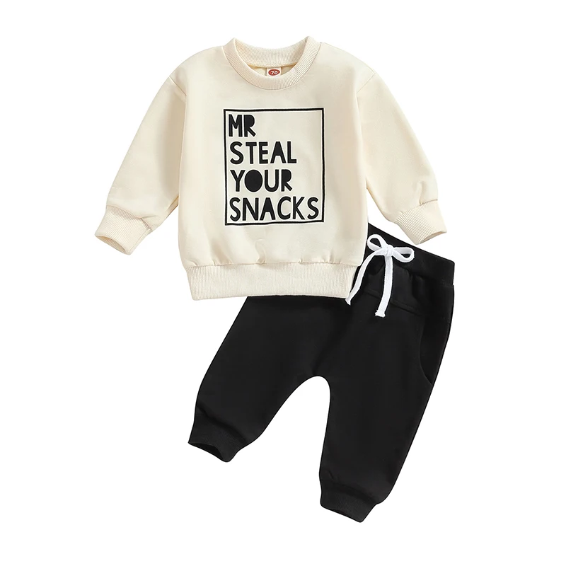 Toddler Baby Boy Girl Clothes Mr Miss Steal Your Snacks Funny Letter Print Top Elastic Waist Pockets Long Short Pant Set 2Pcs