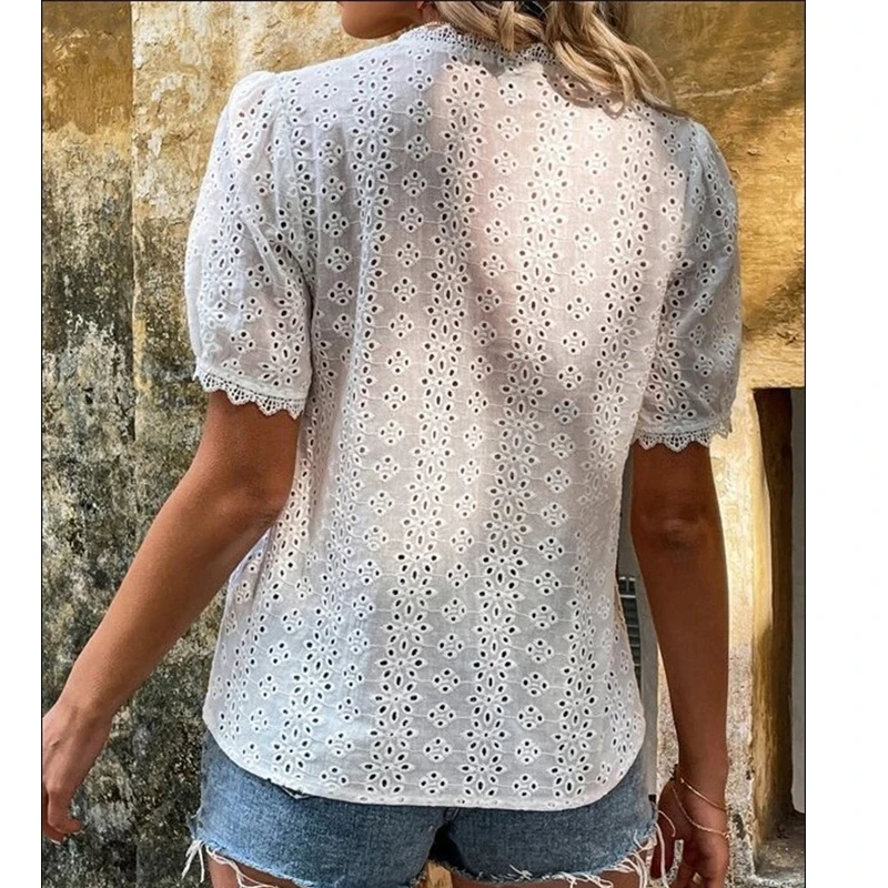 Summer V-neck Hollow Out Lace Blouse Casual Clothes Elegant Solid Color Short Sleeve White Shirt Fashion Tops Blusas Mujer 21385