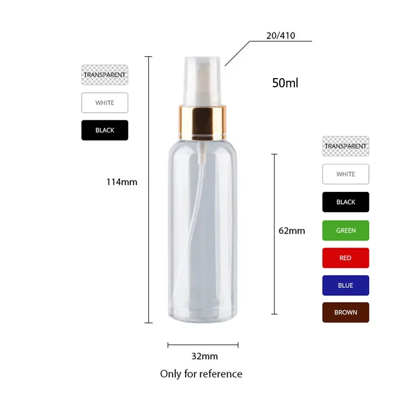 30 peças 30ml 50ml 60ml 100ml vazio configuração de maquiagem spray garrafas de plástico com colar de alumínio dourado perfume recipiente cosmético