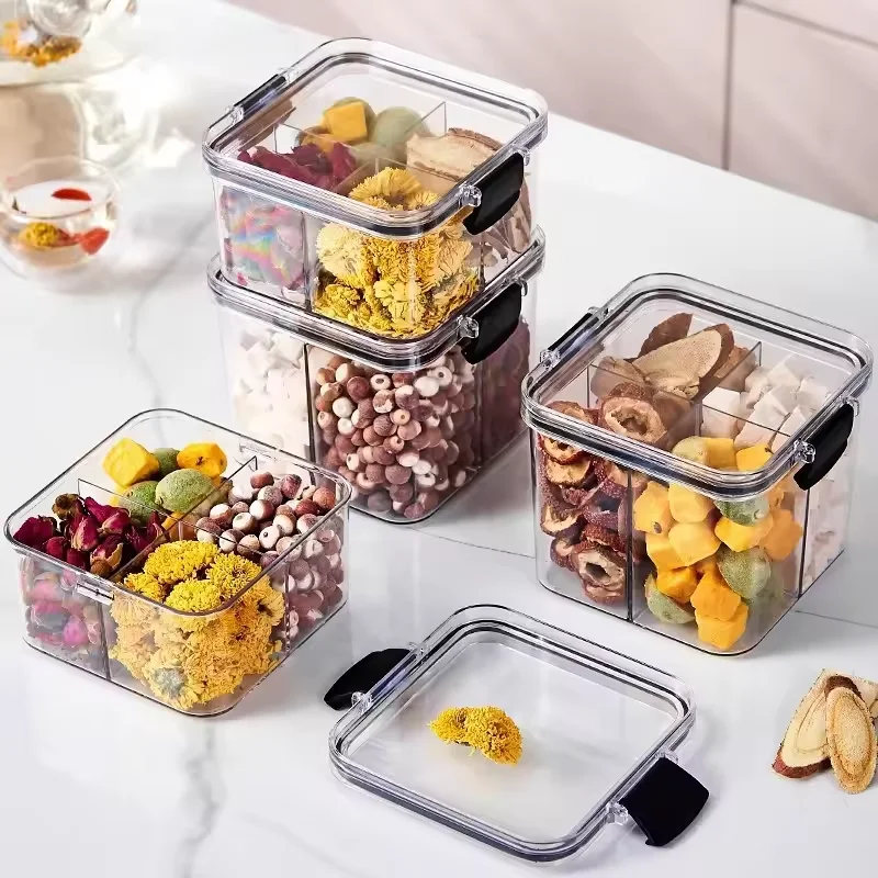 Square scented tea packaging box 460ml plastic 4 compartment sealed jar storage box storage jar